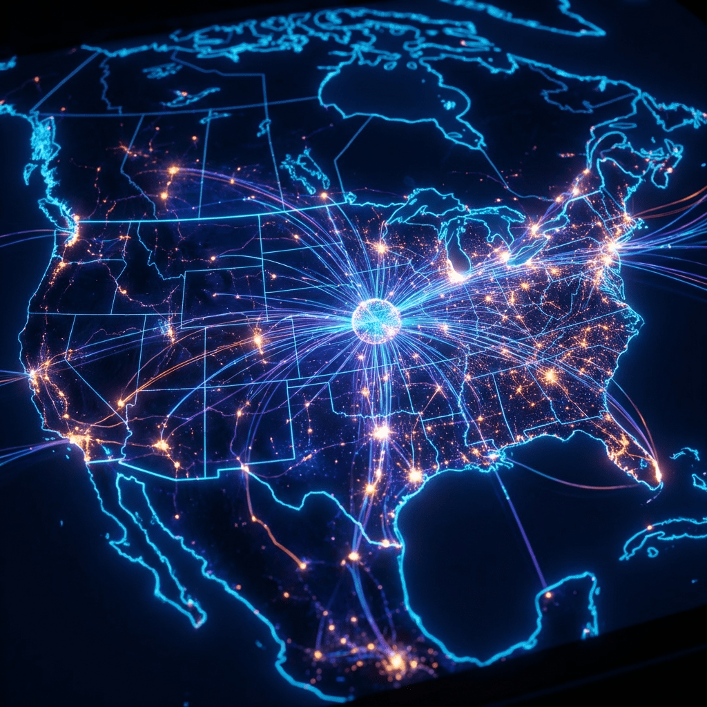 Glowing digital map of North America with blue outlines and radiating network connection lines.